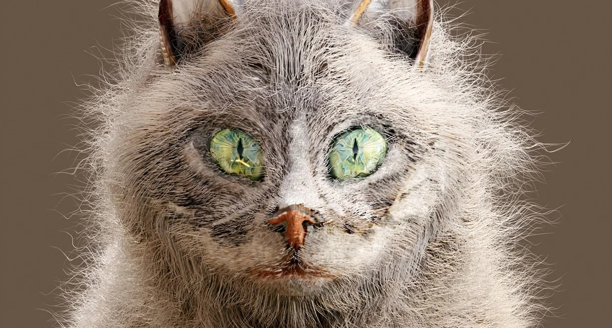 Portrait d’un personnage félin gris aux yeux verts, avec pelage détaillé sur fond brun