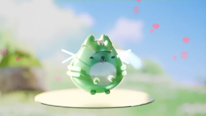 Personnage vert stylisé sur un socle rond dans une scène pastel ; animation disponible à la demande